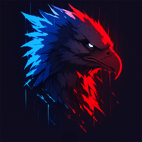 Eagle head with blue and red color scheme on a dark background